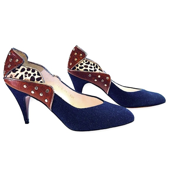 Vintage Leather, Denim & Cowhide Studded Boho Heels - Picture 1 of 12